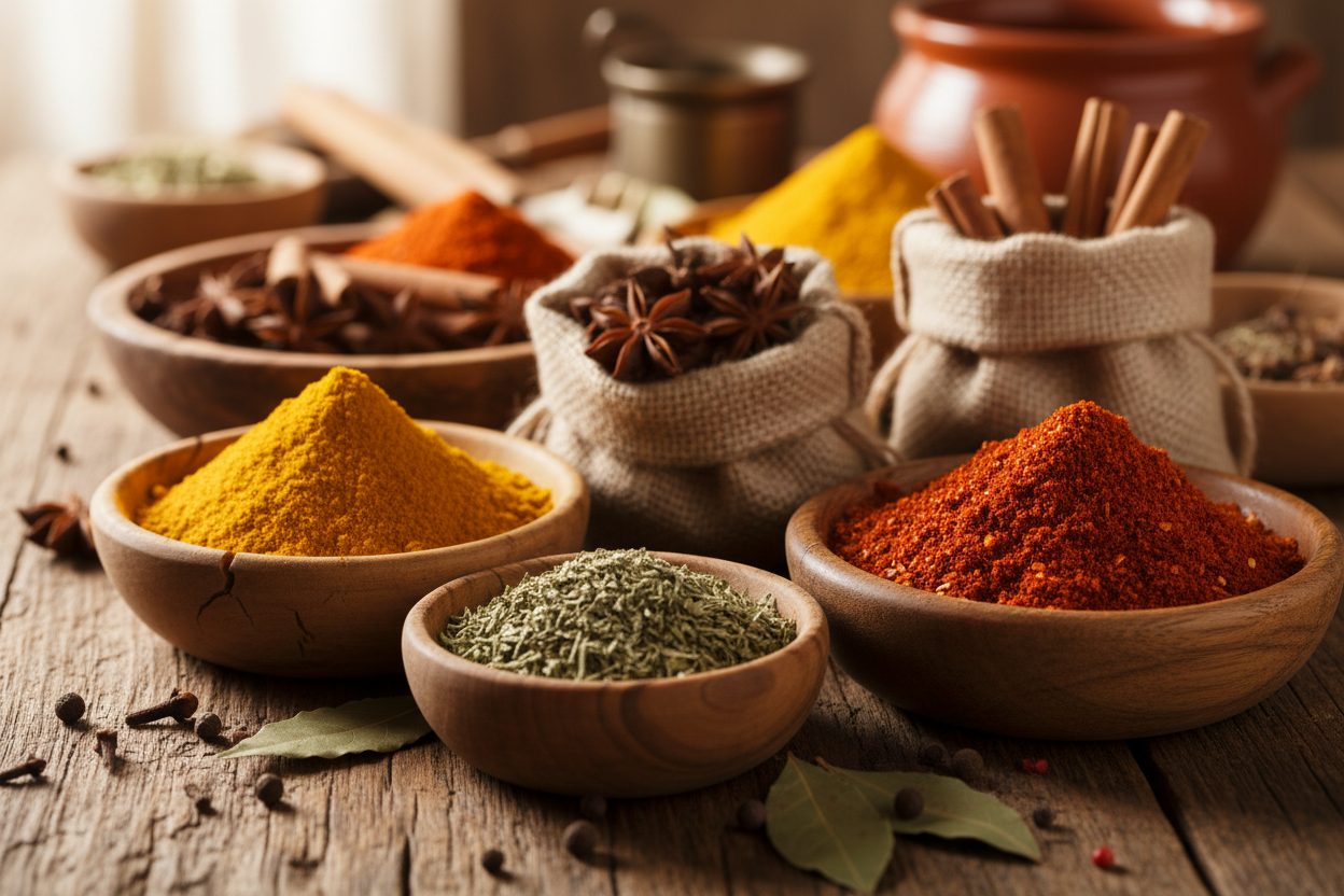 Épices artisanales dans des bols en bois